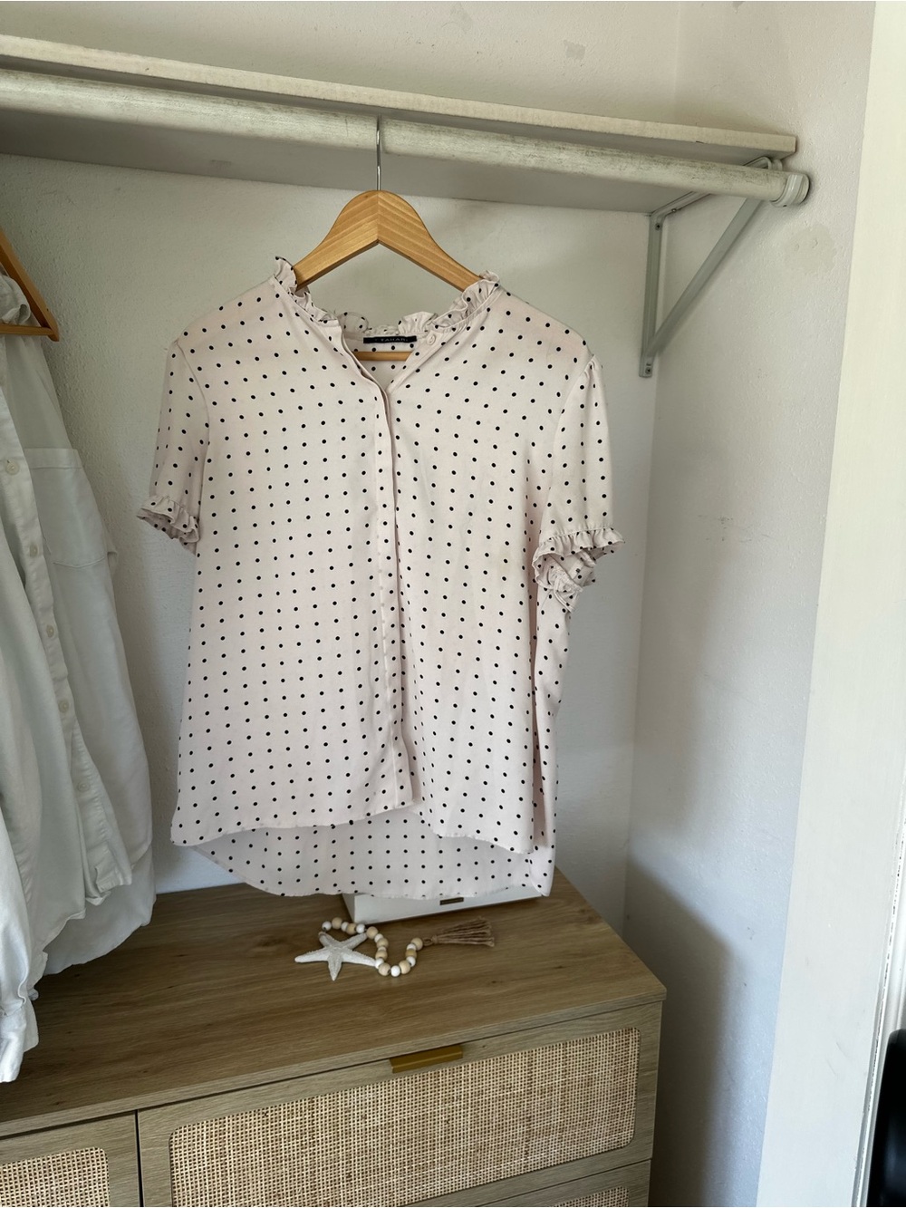 Tahari Pale Pink Polka Dot Ruffle Collar Button-Front Shirt